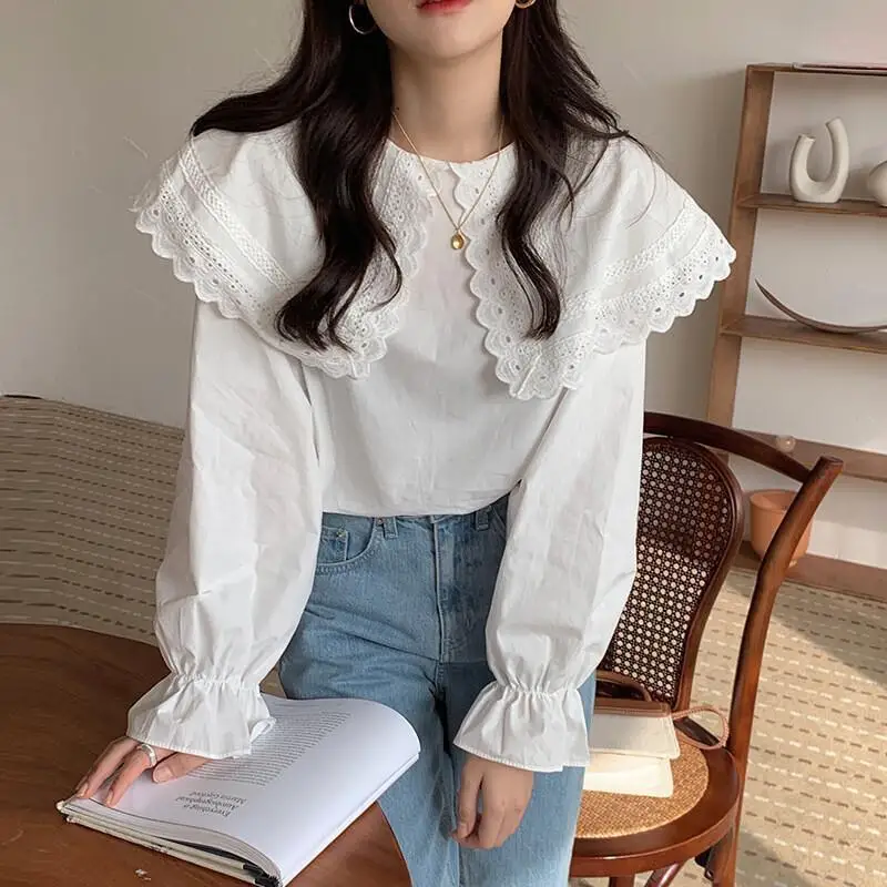 

Korean Style Fashion Women's Blouse with Lace Embroidery Trim for Spring Summer Wear New 2026 Stylish Oversized Collar Blouse