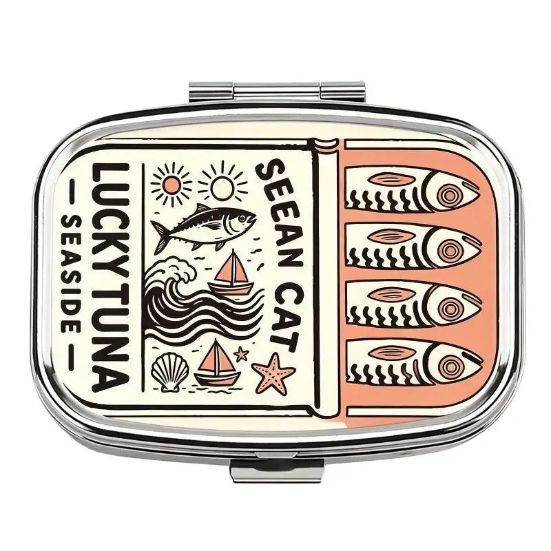 LUCKY TUNA Sardines Print Metal Pill Box, Portable 2-Compartment Travel Pill Organizer For Vitamins & Pills
