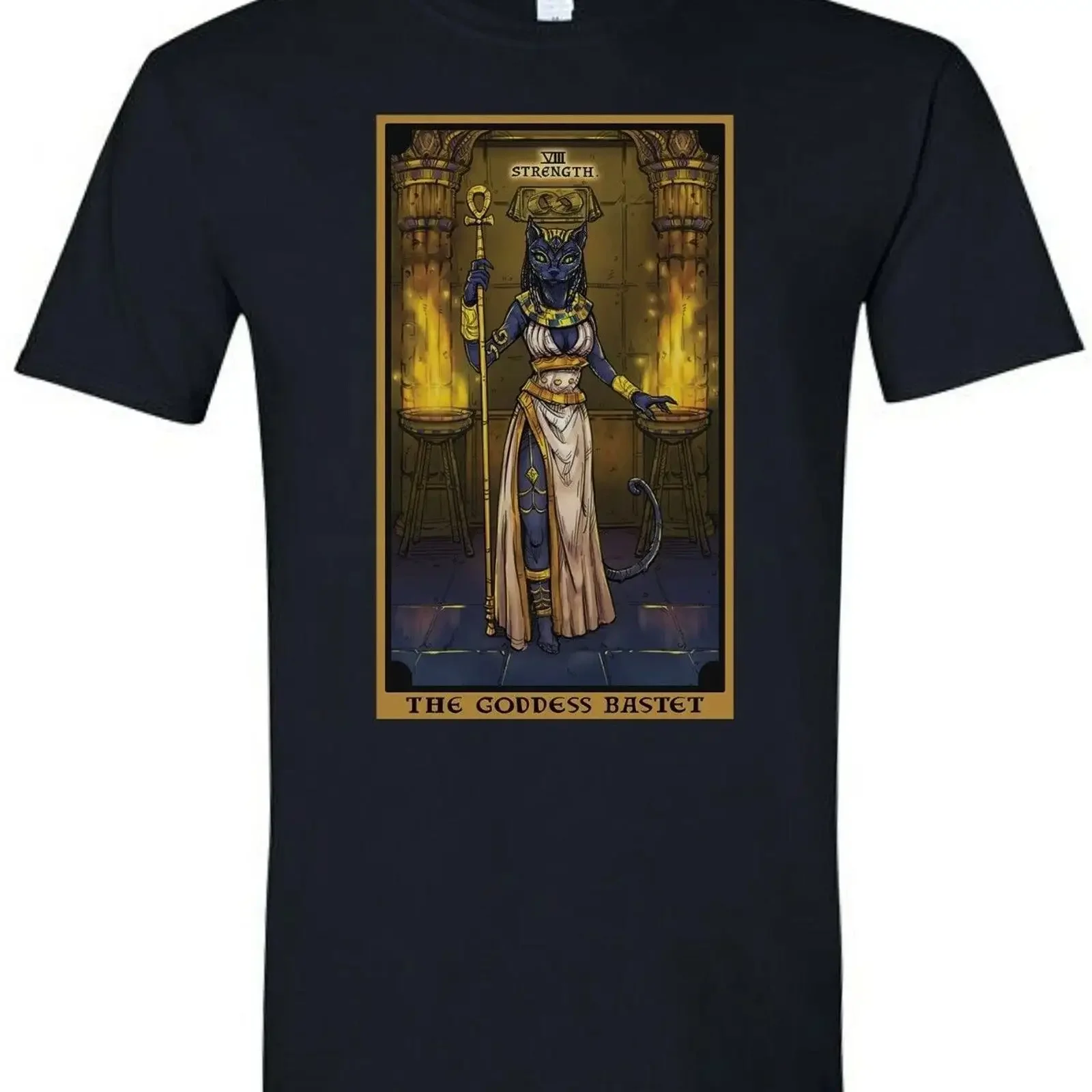 The Goddess Bastet Strength Tarot Card T Shirt Egyptian Bast Cat Witch Wicca vintage Washed Versatile homme designer clothes