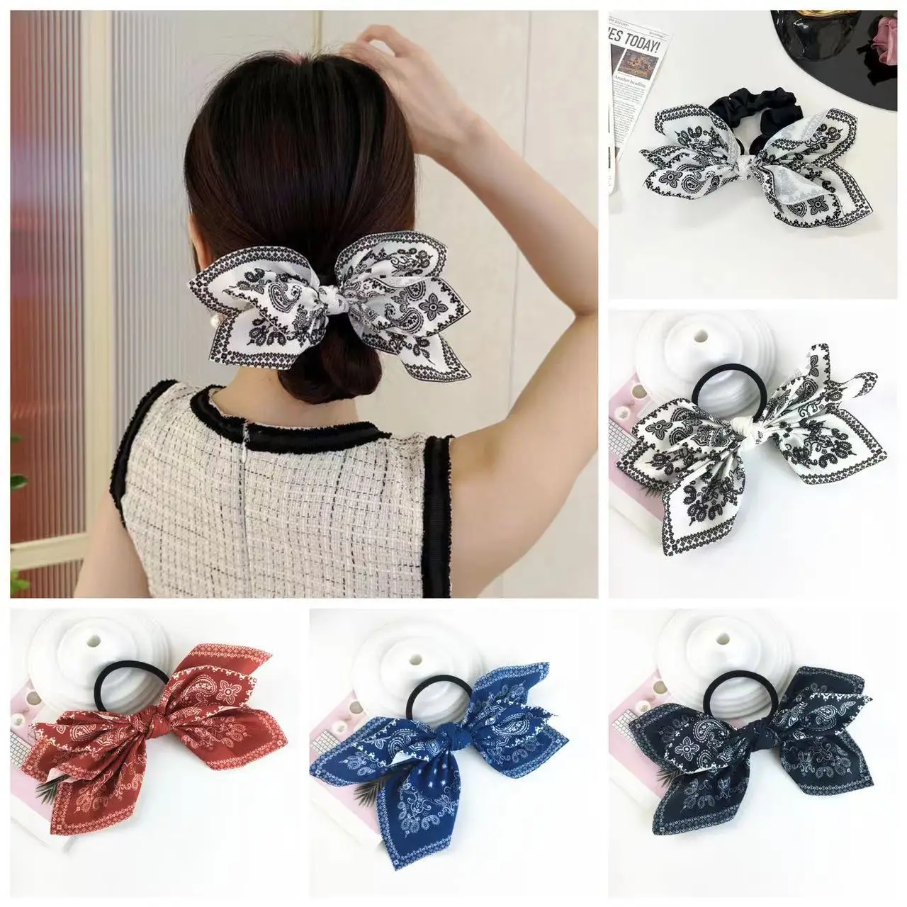 Boho Bow Head Rope for Women Vintage Paisley Bandana Flower Printed Hair Scrunchies Rabbit ear Cute Hair Accessories