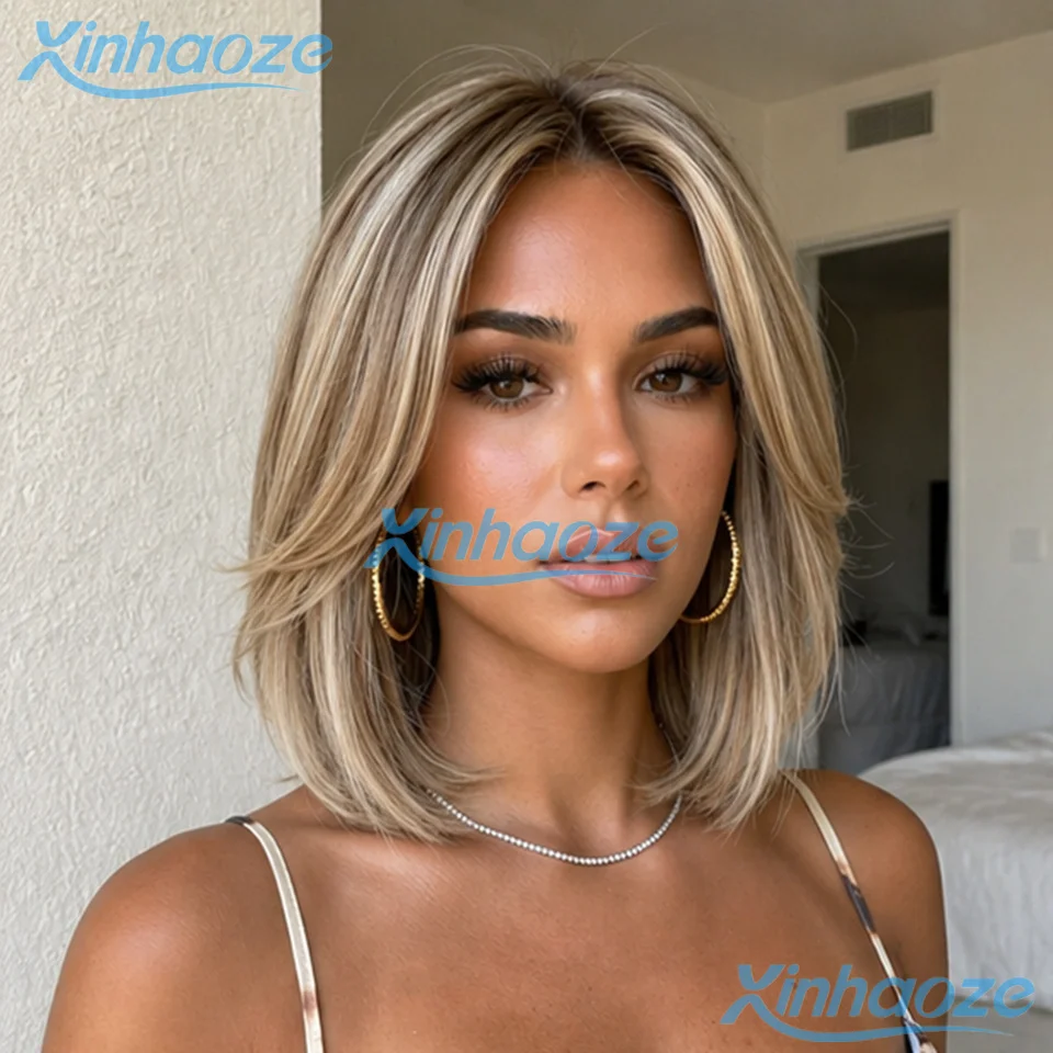 Perruques courtes en cheveux humains, couleur blond cendré avec mèches # Perruques Lace Front 13x4 en cheveux 613, pré-épilées, densité 180%, style bob court