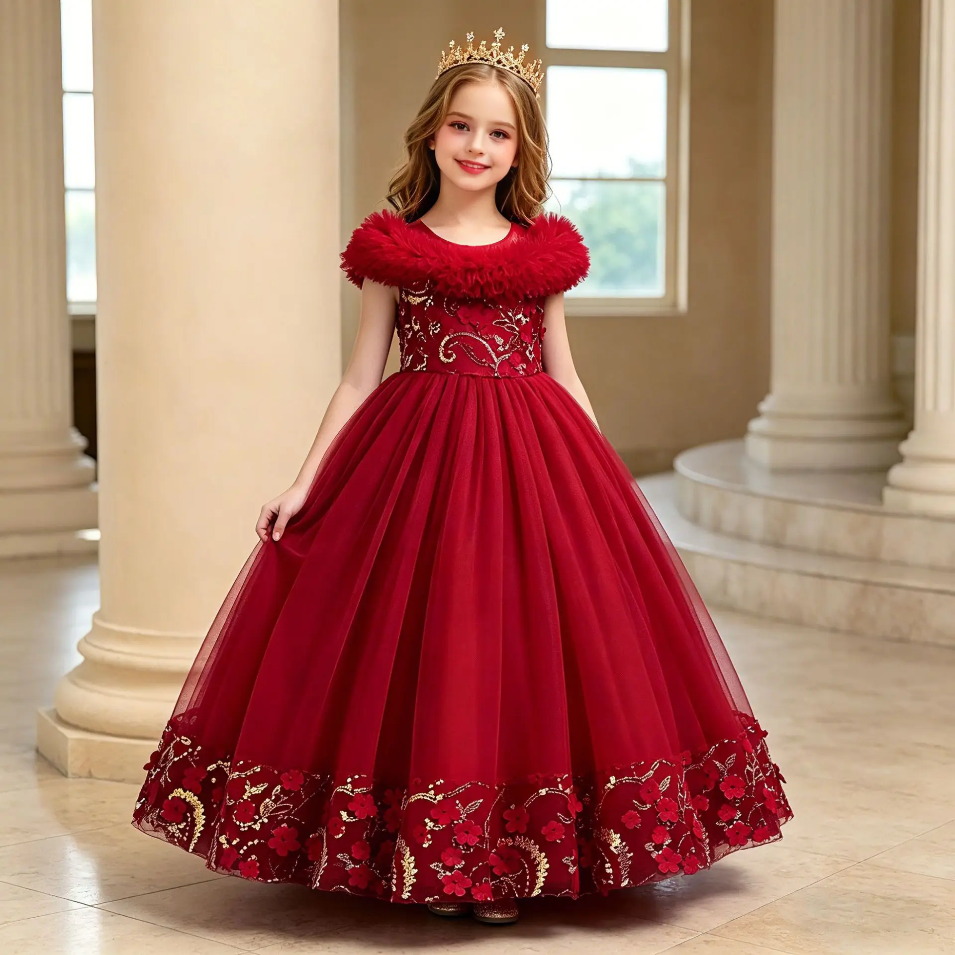 Teen Girls Floral Sequin Tulle Gown Off Shoulder Princess Dress Elegant Wedding Birthday First Communion Dresses For Girls 4-14Y