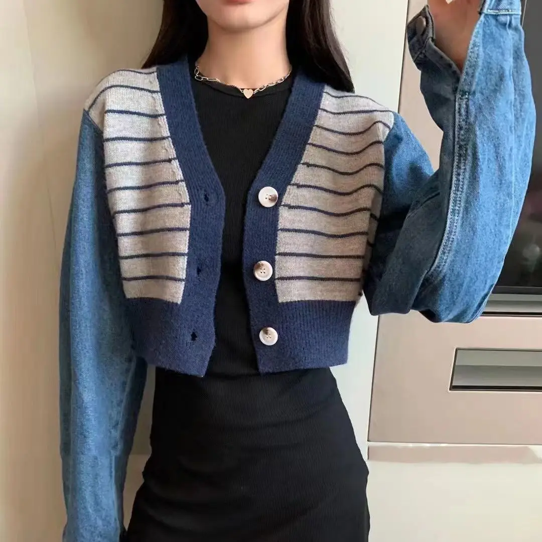 

Denim Sleeve Splice Stripe Knitted Cardigan Women's New Loose Style Short V-neck Sweater Top In Autumn 2022