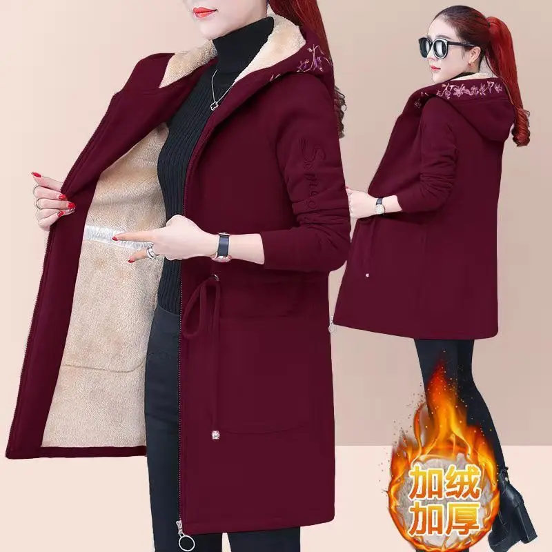 2024 New Autumn Long Fleece Jackets Women Thickened Loose Winter Hooded Jacket Embroidered Cardigan Zipper Plush Coat Outerwear