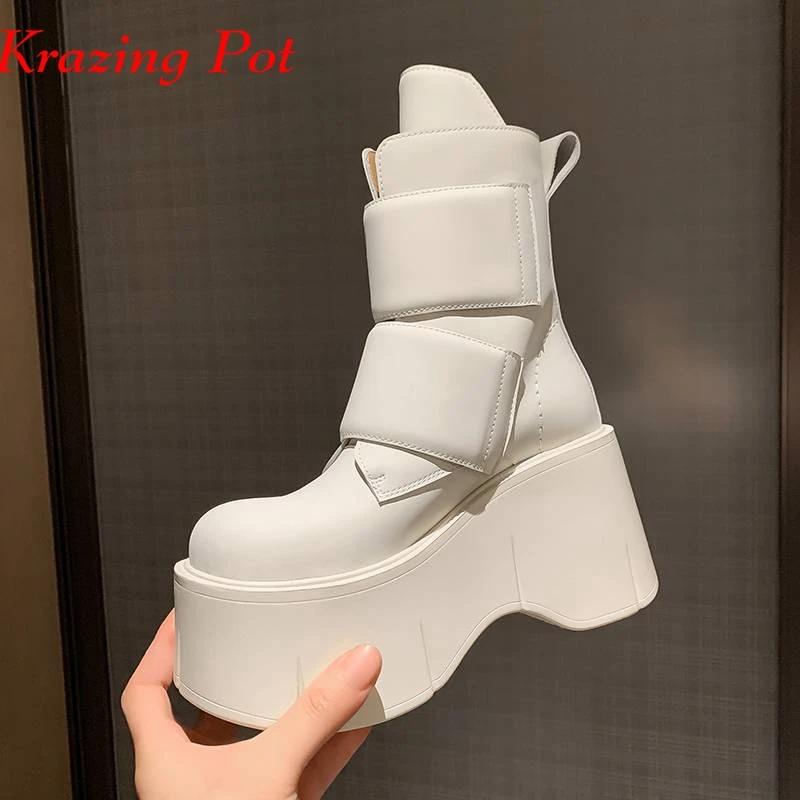 Krazing Pot Ins Cow Split Leather Round Toe Super High Heels Winter Warm Motorcycle Boots Hook Loop Model Waterproof Ankle Boots