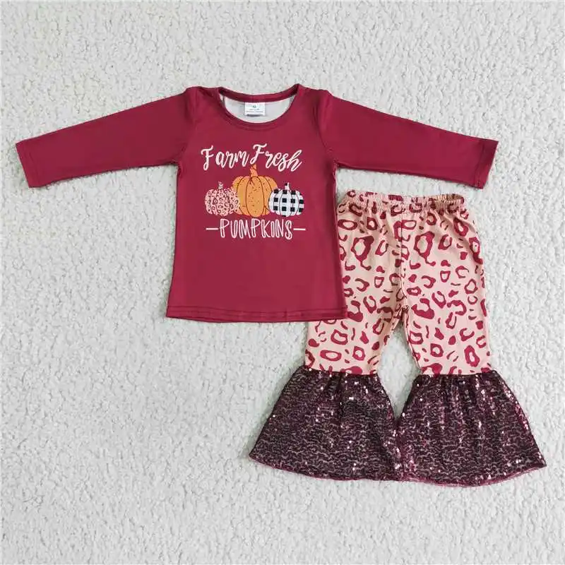 Tricolor Pumpkin Burgundy Top Burgundy Sequined Flared Pants