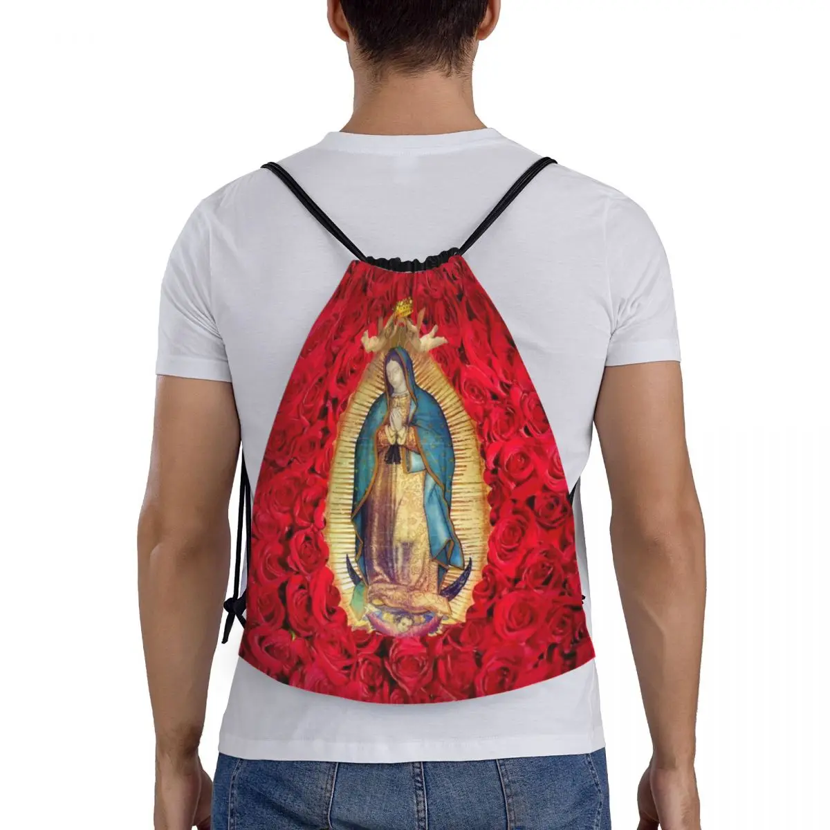 Virgin Mary Drawstring Bolsas com flores para homens e mulheres, portátil Sports Gym Sackpack, Catholic Shopping Storage Backpacks, Guadalupe