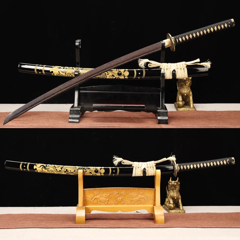 Real Full Size Japanese Samurai Katana, Iaito Training Sword Model, Golden Dragon Wood Saya, Cosplay Props, Multiple Material
