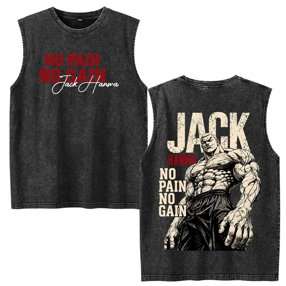 Anime Baki Hanma Jack Hanma Vintage Washed Tank Tops Manga Sleeveless Vest T Shirts Men's Women Casual Oversized Cotton T-shirts