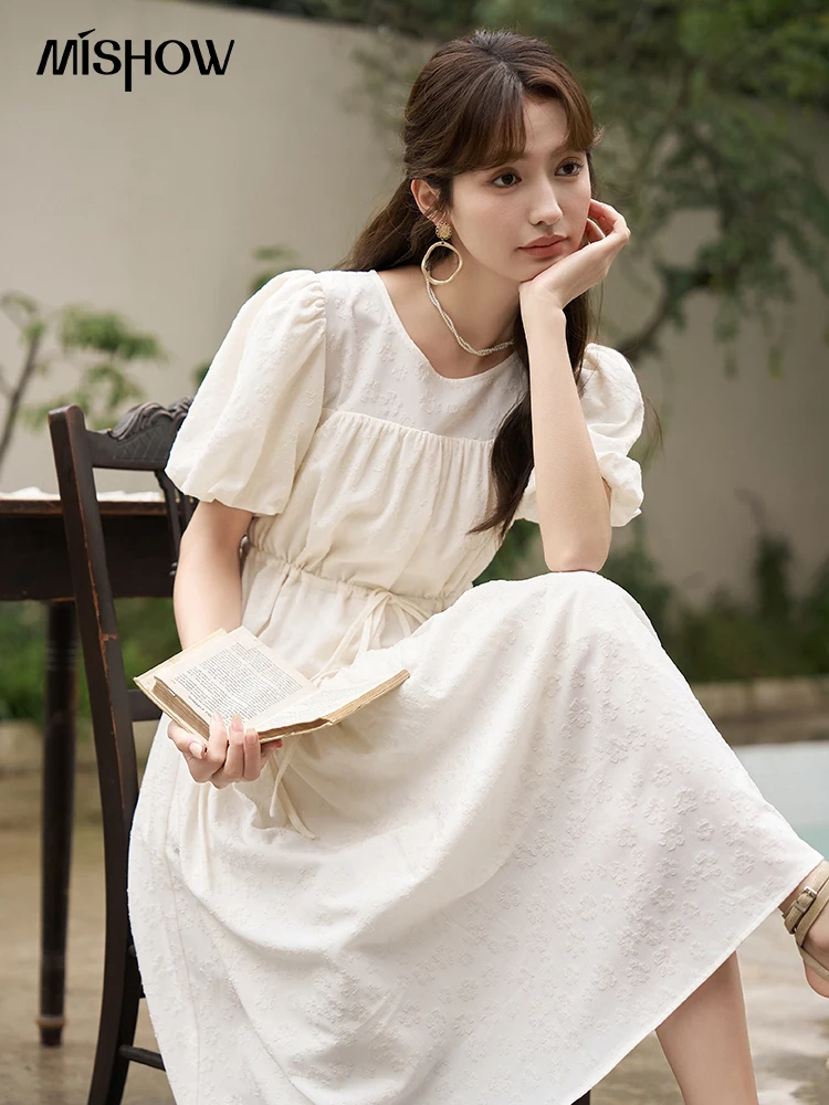 MISHOW French Draw String Waist Dress 2023 Summer Short Sleeve A-LINE Puff Sleeve O-Neck Pullover Elegant Solid Dress MXC38L1415