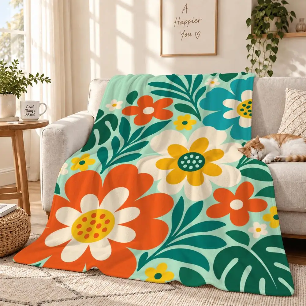Retro Boho Floral Decor Throw 240g Lightweight Flannel Blanket, Soft Skin Throw Blanket for Sofa Bedroom