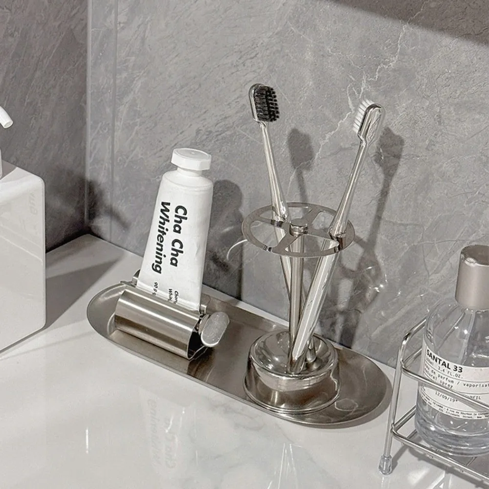 3pcs/Set Stainless Steel Toothbrush Holder Rustproof Space Saving Toothpaste Rack Multi-Functional Bathroom Storage Shelf