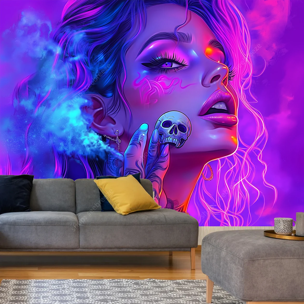Vibrant Artistic Woman Tattoo Skull Smoke Tapestry Wall Art Modern Bohemian Home Decor Psychedelic Bedroom Studio Aesthetic