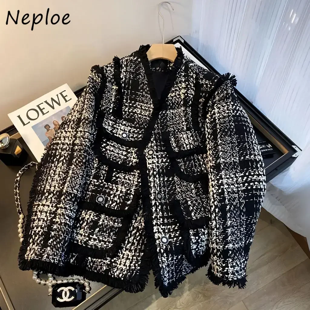 Neploe Elegant Tassels Minority Plaid Small Fragrance Coat All-match Advanced Vintage Outwears Women's Exquisite Button Jacket