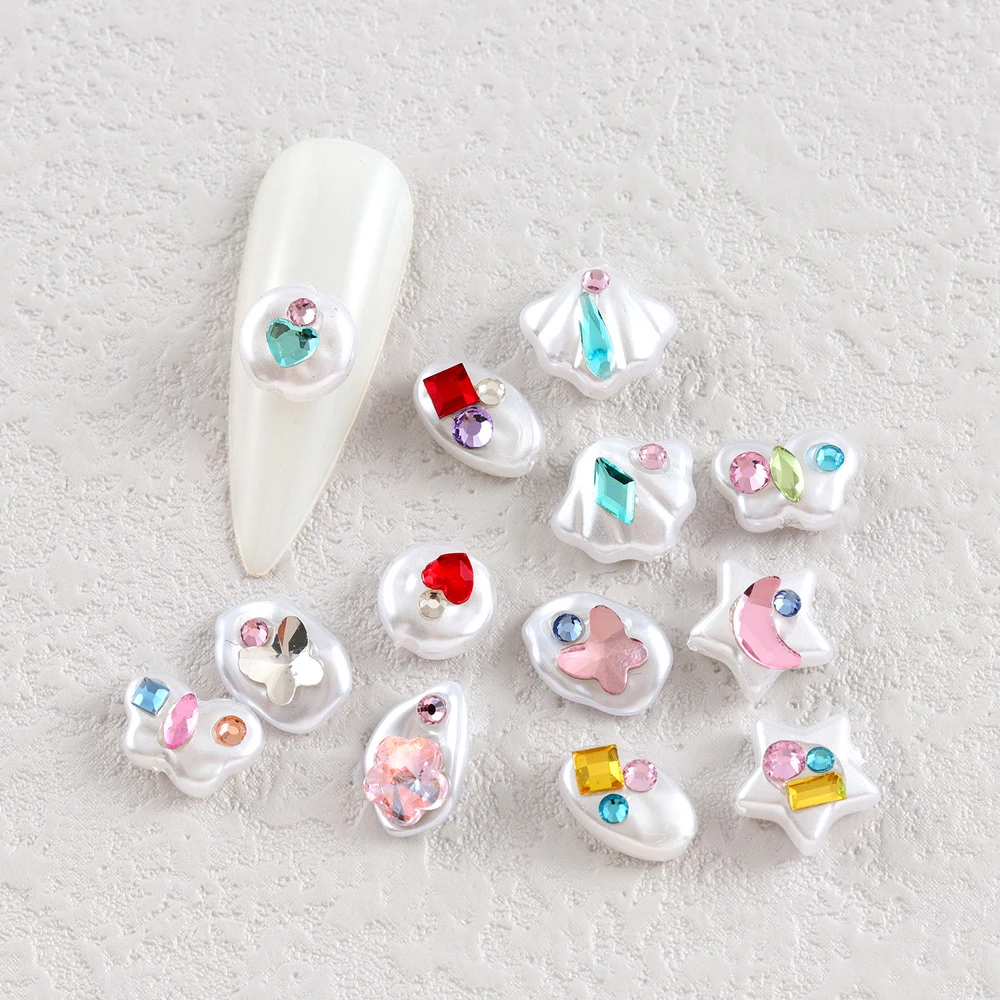 10Pcs Baroque Pearl Nail Art Charm 3D Sparkling Diamonds Shell Butterfly Star Heart Nail Ornament DIY Exquisite Nail Accessories
