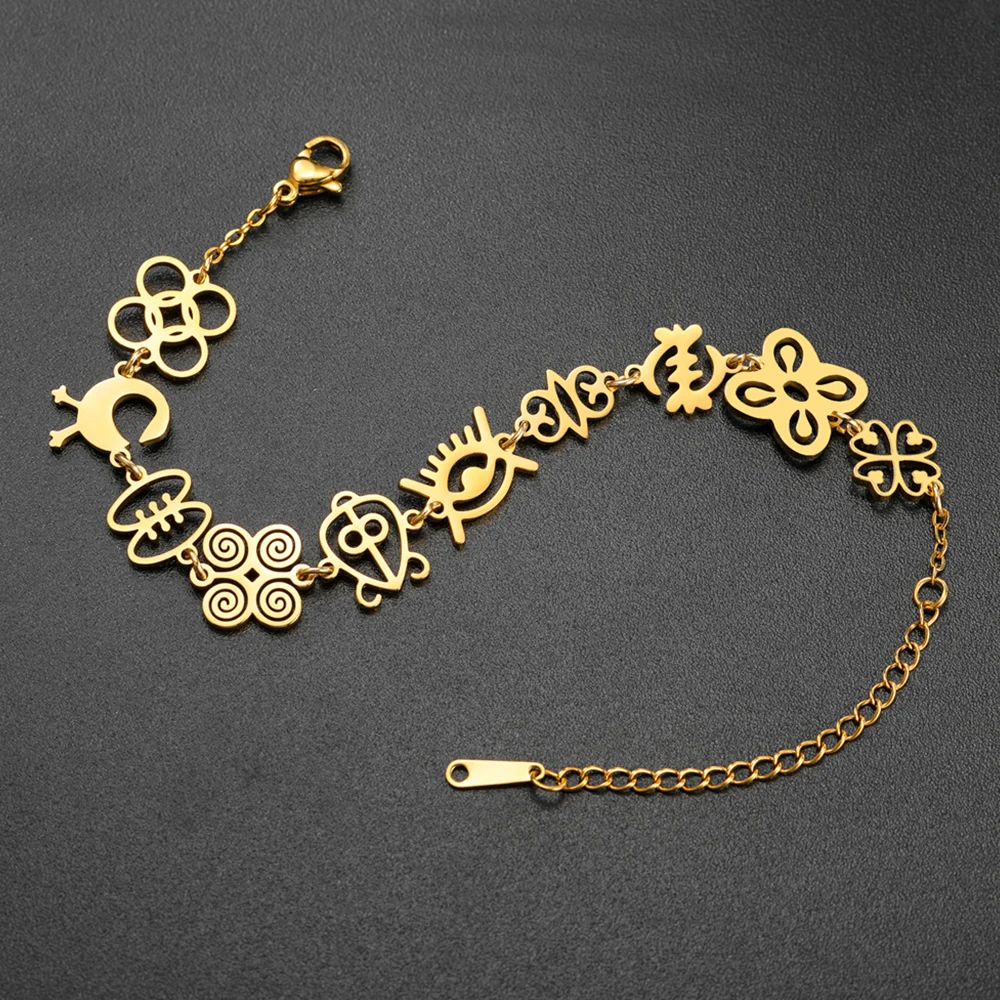 African Adinkra Symbol Bracelet Ethnic Ghana Spiritual Protection Totem Charm Stainless Steel Adjustable Chain Jewelry Gifts