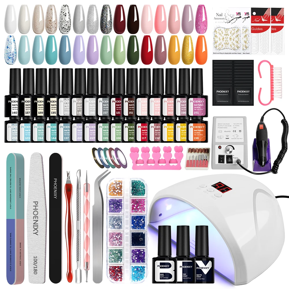 Phoenixy Complete Manicure Tools Kit with Dryer Lamp 30 Colors Gel Polish Kit With Electric Nail Drill Machine Full Nail Gel Set