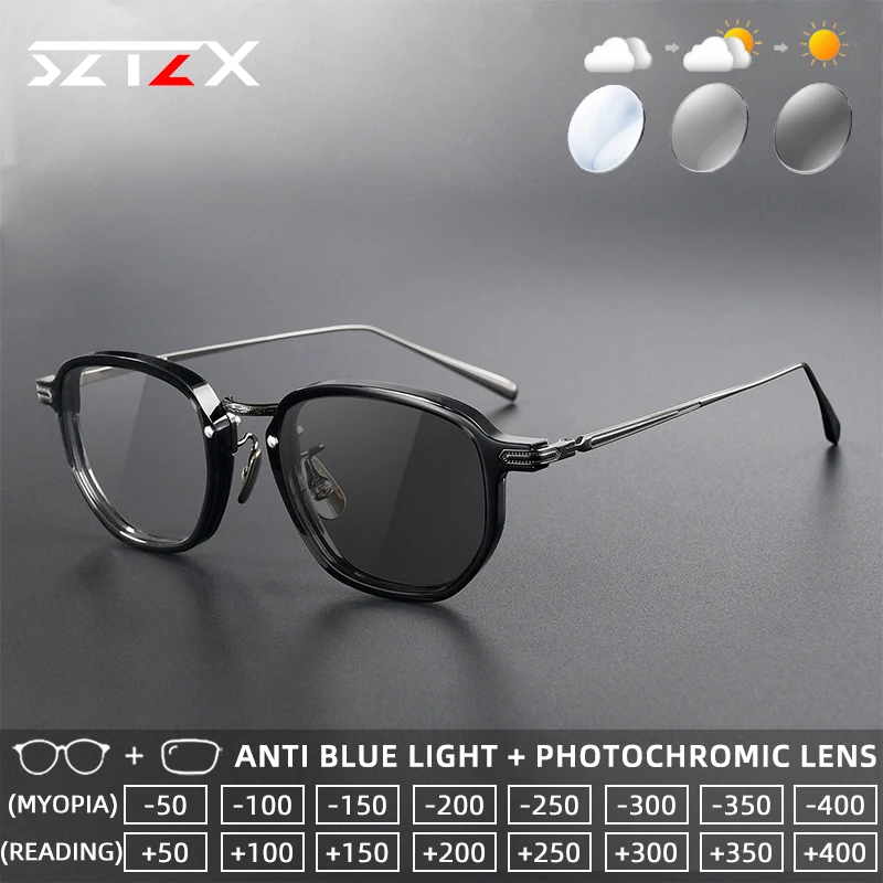 

SZTZX Ретро прочные фотохромные очки для чтения с защитой от синего света, ацетатная оправа, титановый храм, прогрессивные очки по рецепту