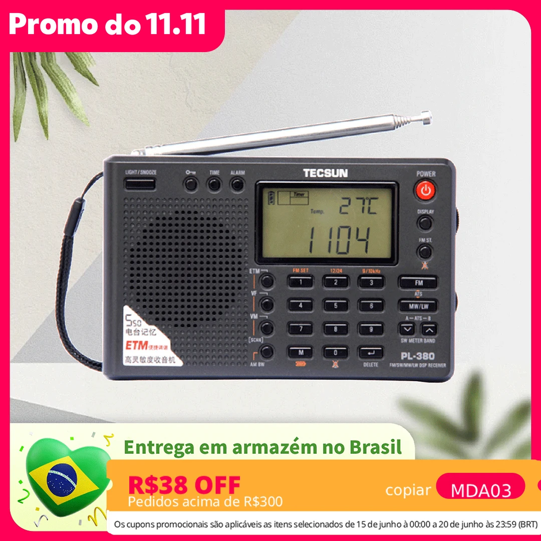 Rádio Tecsun PL380 DSP Profissional FM Estéreo Virtual Som Cristalino OC OL OM Banda Completa Portátil Bateria 800mAh Alta Sensibilidade