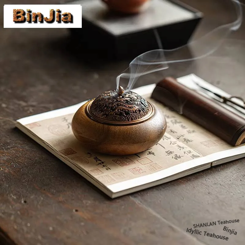 Handmade Walnut Wood Aromatherapy Stove Chinese Dragon And Phoenix Square Incense Holder Aesthetic Smell Distributor Teaware