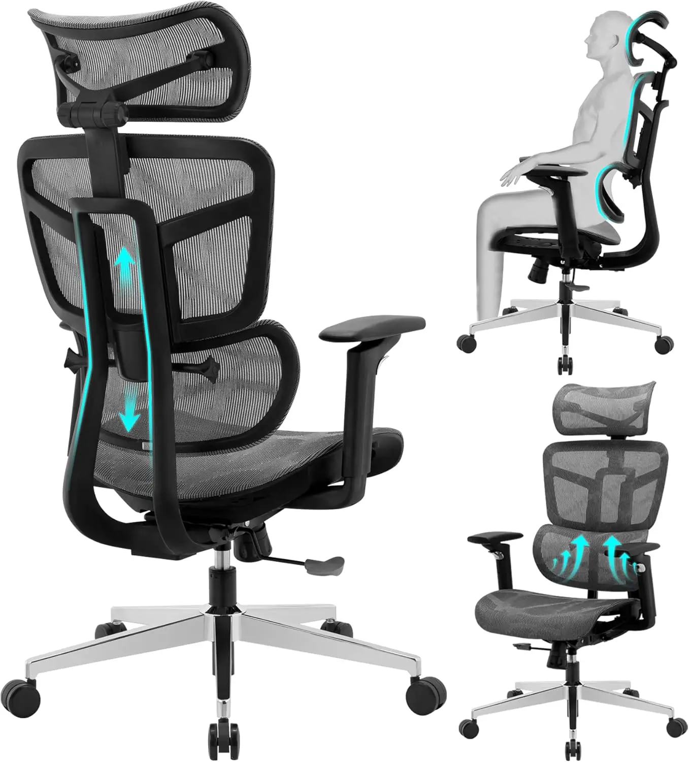 

Ergonomic Office Chair, High Back Office Chair, Big & Tall Mesh Computer Chair with Lumbar Support/Headrest/5D Armrests