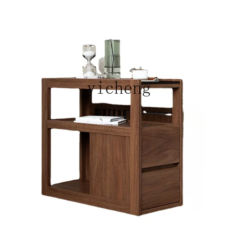 ZZc Black Walnut Solid Wood Sofa Side Table Side Cabinet Coffee Table Living Room with Wheels Household Movable Trolley