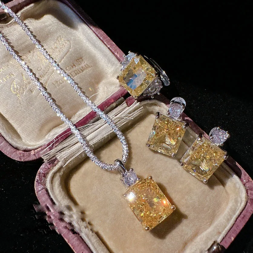 

2023 Women Canary tourmaline gemstone earrings padparadscha plated 18K gold twilight yellow zircon fat square necklace