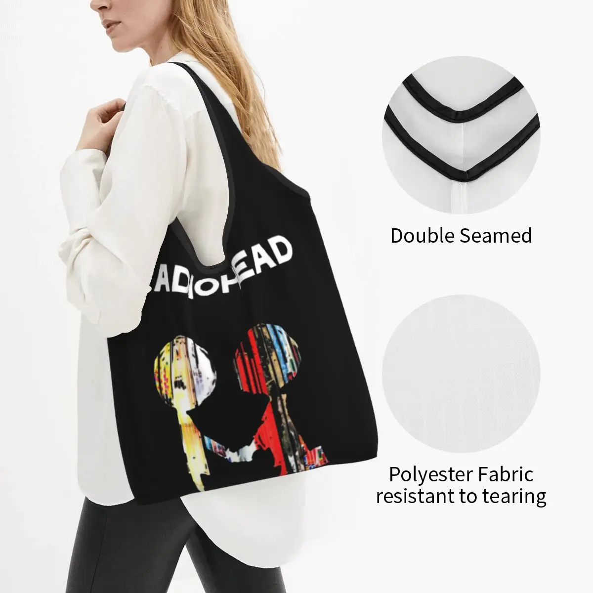 Reusable Radiohead Rock Music Shopping Bags for Groceries Foldable Grocery Bags Washable Large Tote Bags