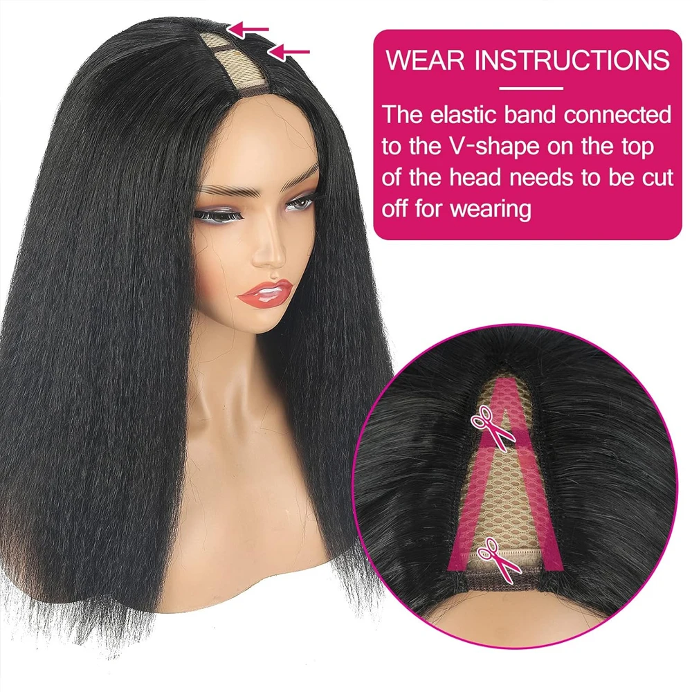 Kinky Straight V Part Wig for Black Women Yaki Straight Synthetic Hair Upgrade U Part Half Wigs No Leave Out No Glue Wigs 22Inch image 3