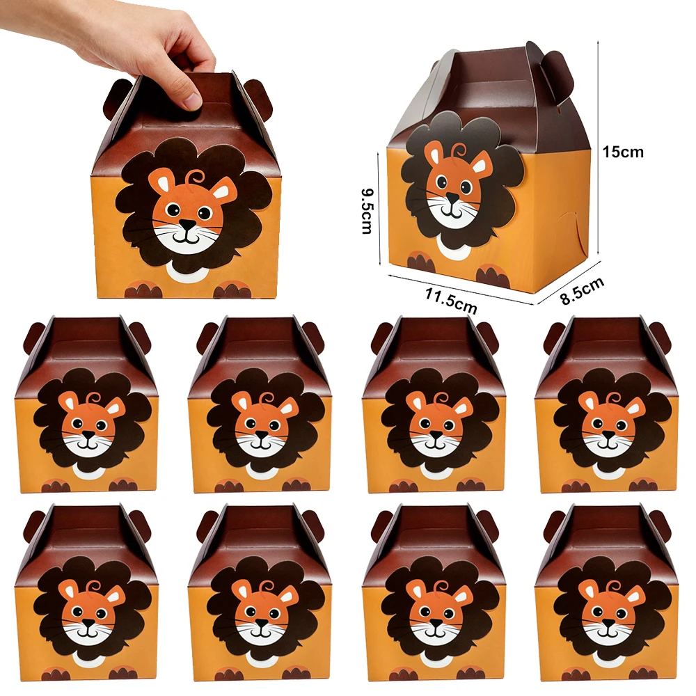 Boîte cadeau en papier avec motif de lion de dessin animé, 5 à 30 pièces, boîte à bonbons et à collations, fournitures de décoration pour fête d'anniversaire Safari pour enfants, baby shower