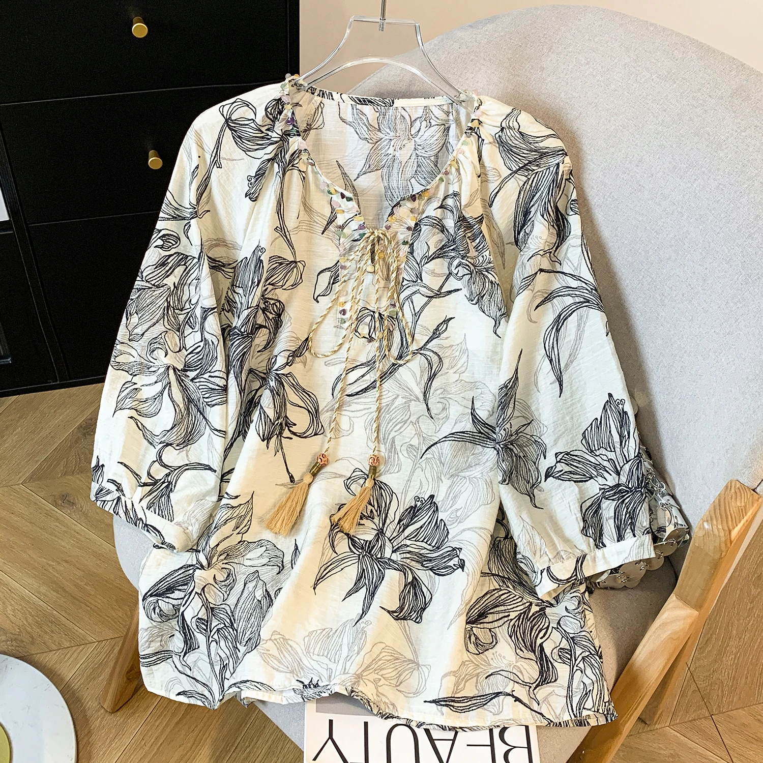

Loose Bohemian Style Printed Shirt Women's Three-Quarter Sleeve T-Shirt Fashionable Summer Thin Polyester Cotton Blend Shirt