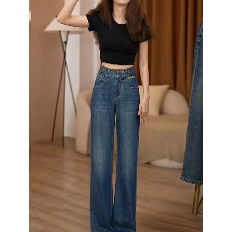 Damskie spodnie jeansowe z szerokimi nogawkami w stylu retro, nowość na jesień, luźne, zwiewne, z wysokim stanem, cienkie, proste, wysokiej jakości i o wysokim poziomie estetycznym.