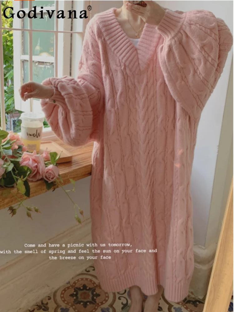 

Japanese Sweet Lantern Sleeve Temperament V-neck Thickened Sweater Dress Winter New Fashion Age-reducing Pink Knitted Dresses
