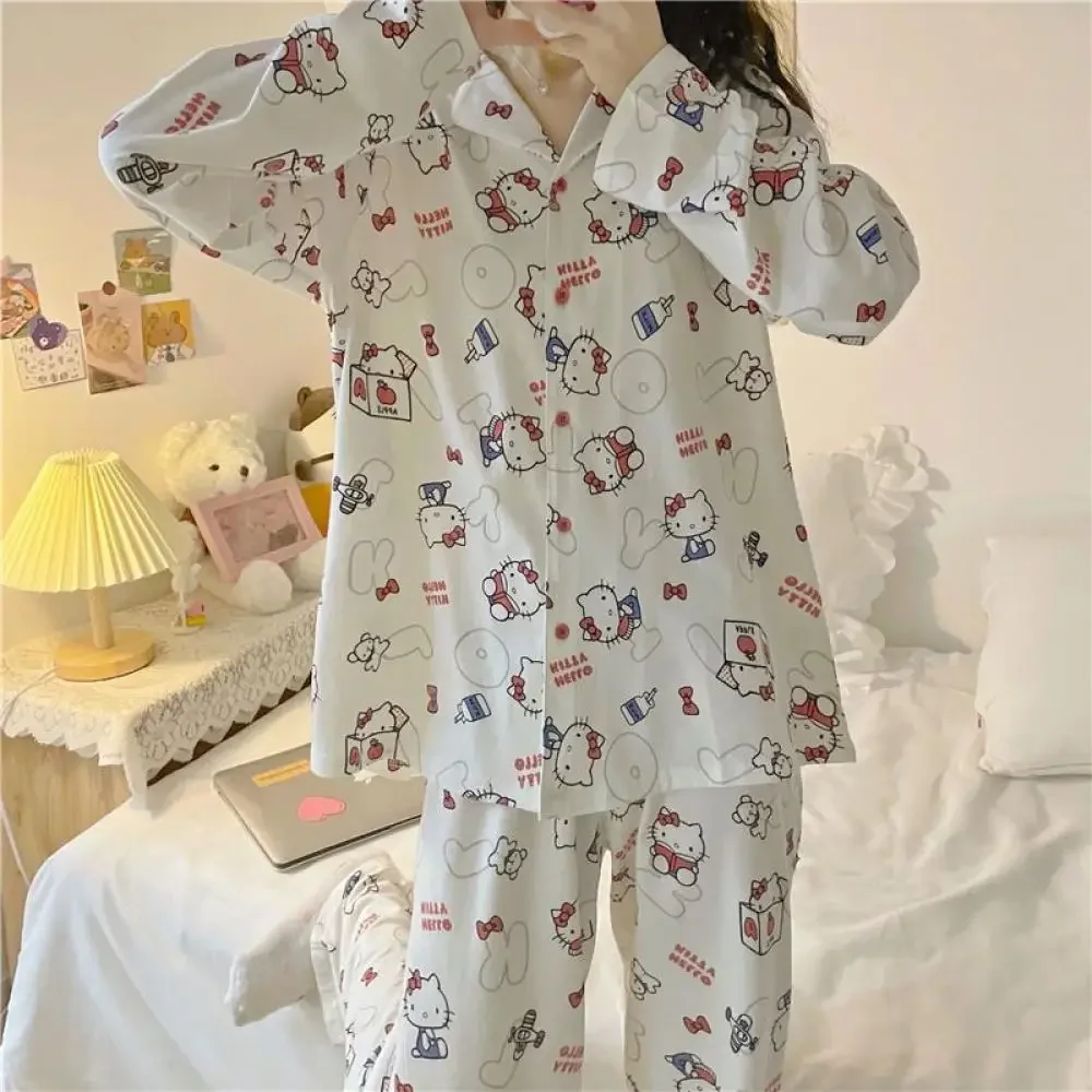 Anime Hello Kitty 2 pezzi pigiama set Sanrioed Cinnamoroll Kawaii per le donne Kt Cat manica lunga top pantaloni loungewear homewear dolce