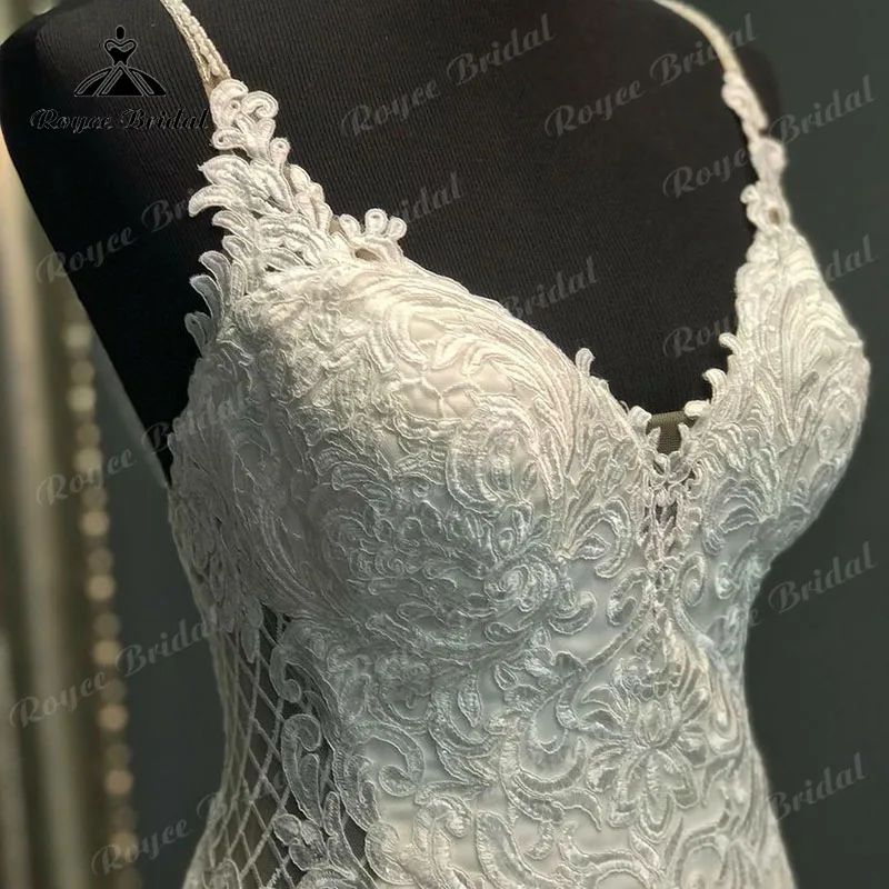 Sereia/trompete cintas de espaguete vestido de casamento com decote em v apliques de renda aberto voltar 2022 vestidos mergulhando cetim vestidos de casamento personalizado