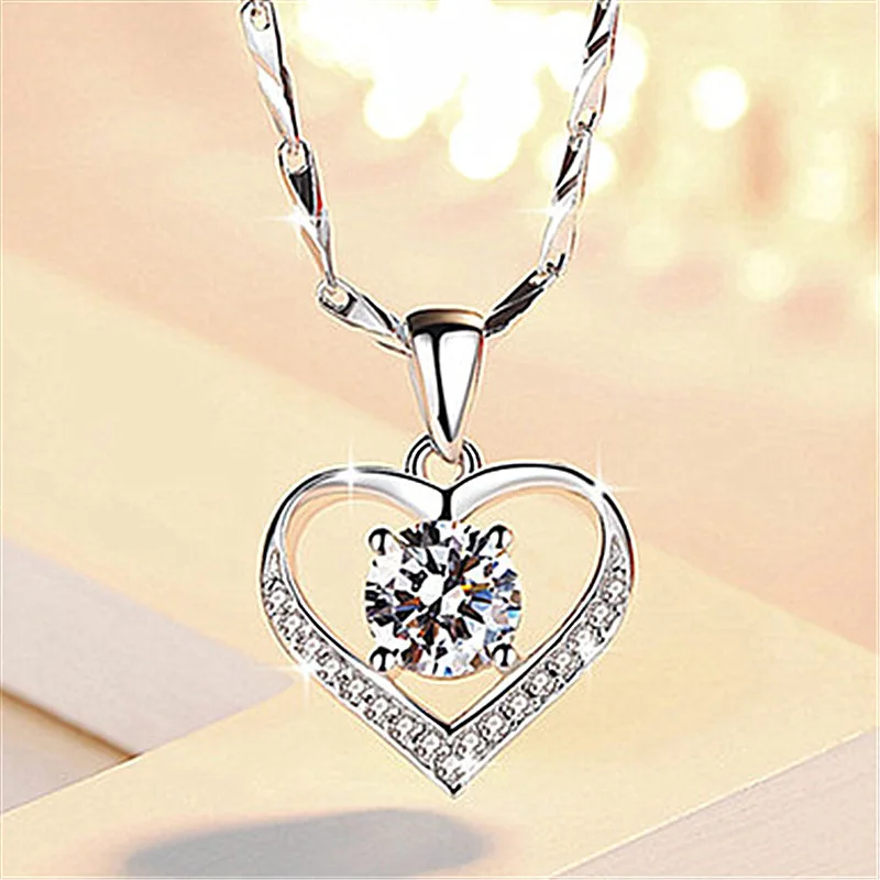 5A Zircon Heart Pendant Necklace for women 925 Sterling Silver  Neck Chain Female Necklaces Jewelry for Girl Engagement Jewelry