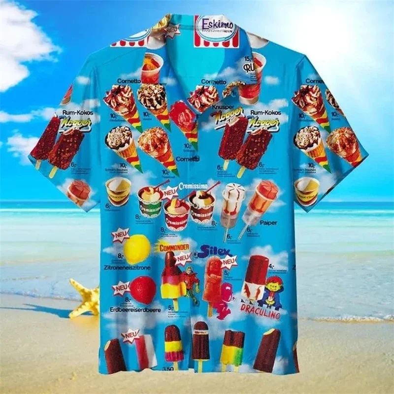 Men's Shirts Casual Loose Breathable 3D Print Trendy Cool Fashion Ice CreamShirts Beach Party Tops Short Sleeves Summer  Men Top