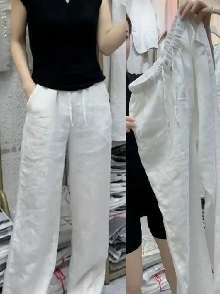

White Cotton Linen Wide Leg Pants Women Summer New Casual Straight Loose Ice Silk Cotton Linen Long Trousers Harajuku Sle