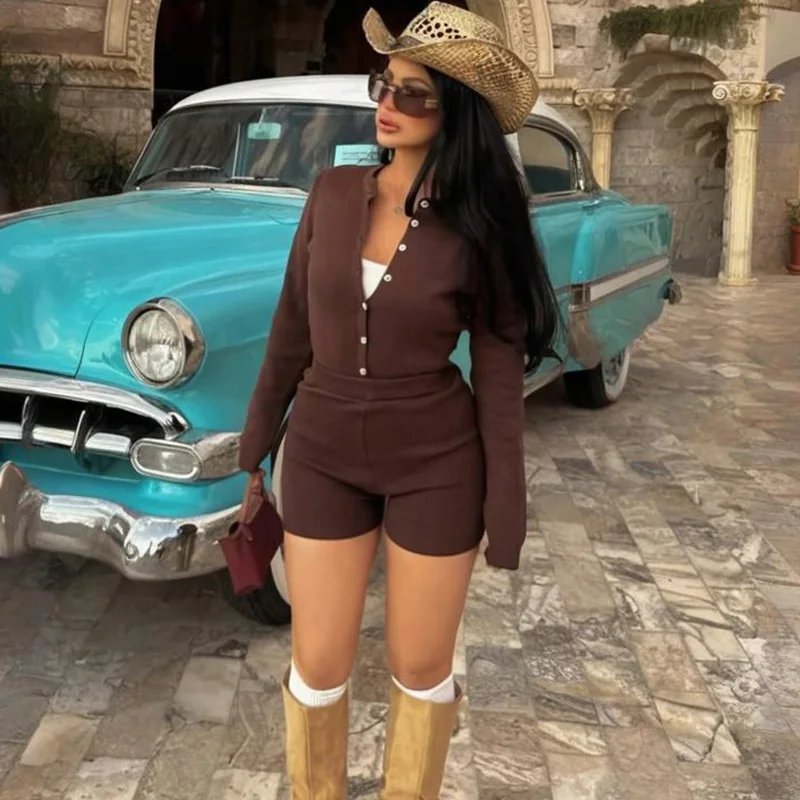 

TARUXY вязаный комбинезон, шорты, женские костюмы, модный тонкий однотонный сексуальный однобортный комбинезон с высокой талией и длинными рукавами, новинка осени