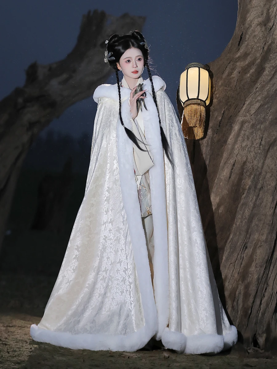 Capa de lã estilo chinês longo antigo xale quente capa de inverno Hanfu para mulheres