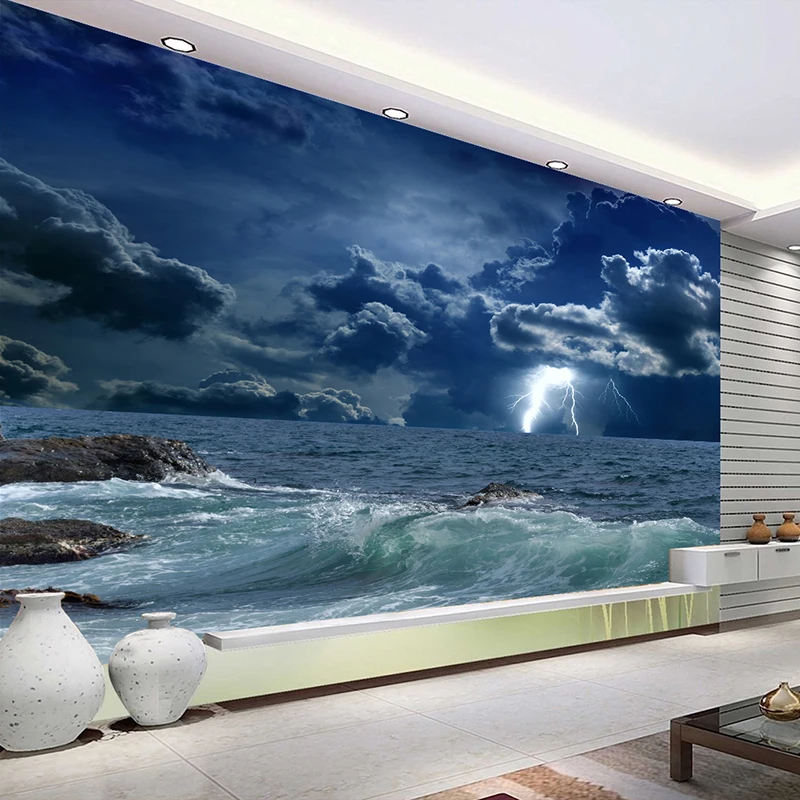 

Custom Photo Wallpaper 3D Ocean Waves Lightning Dark Cloud Landscape Mural Creative Living Room Bedroom Decor Home Improvement