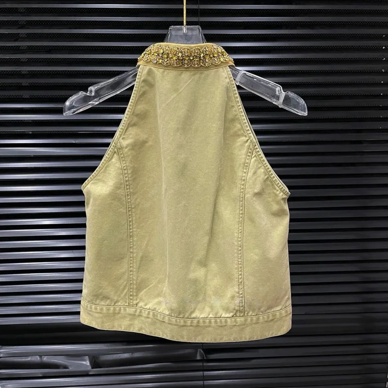 ANJY Spring Summer New Women Halter Neck Embroidered Flares Zippers Design Sleeveless Tops Ruffles Patchwork Casual Pants A25187