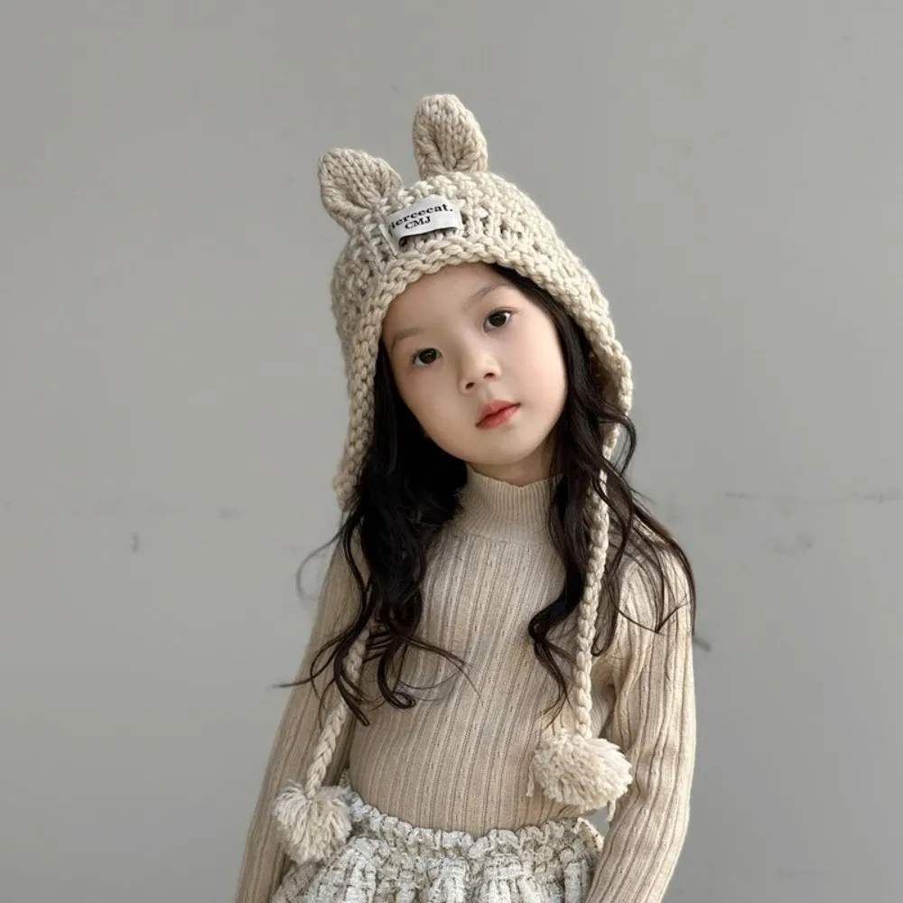 

Модная однотонная детская вязаная крючком шапка, мягкая теплая осенне-зимняя вязаная шапка ручной вязки, уличная защитная шапка с заячьими ушками