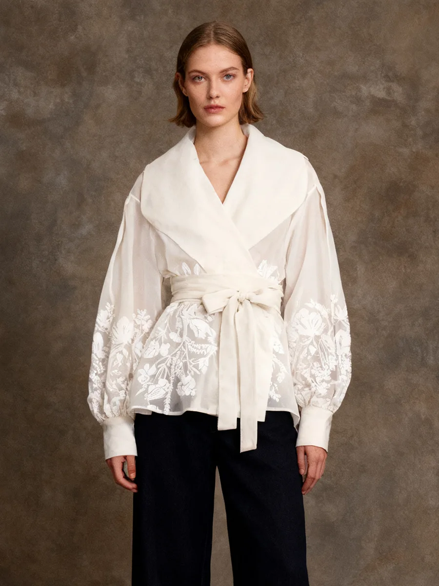 

Women's Sheer Organza Wrap Blouse Floral Print Puff Sleeve Belted V-Neck Elegant Office Party Casual Tops