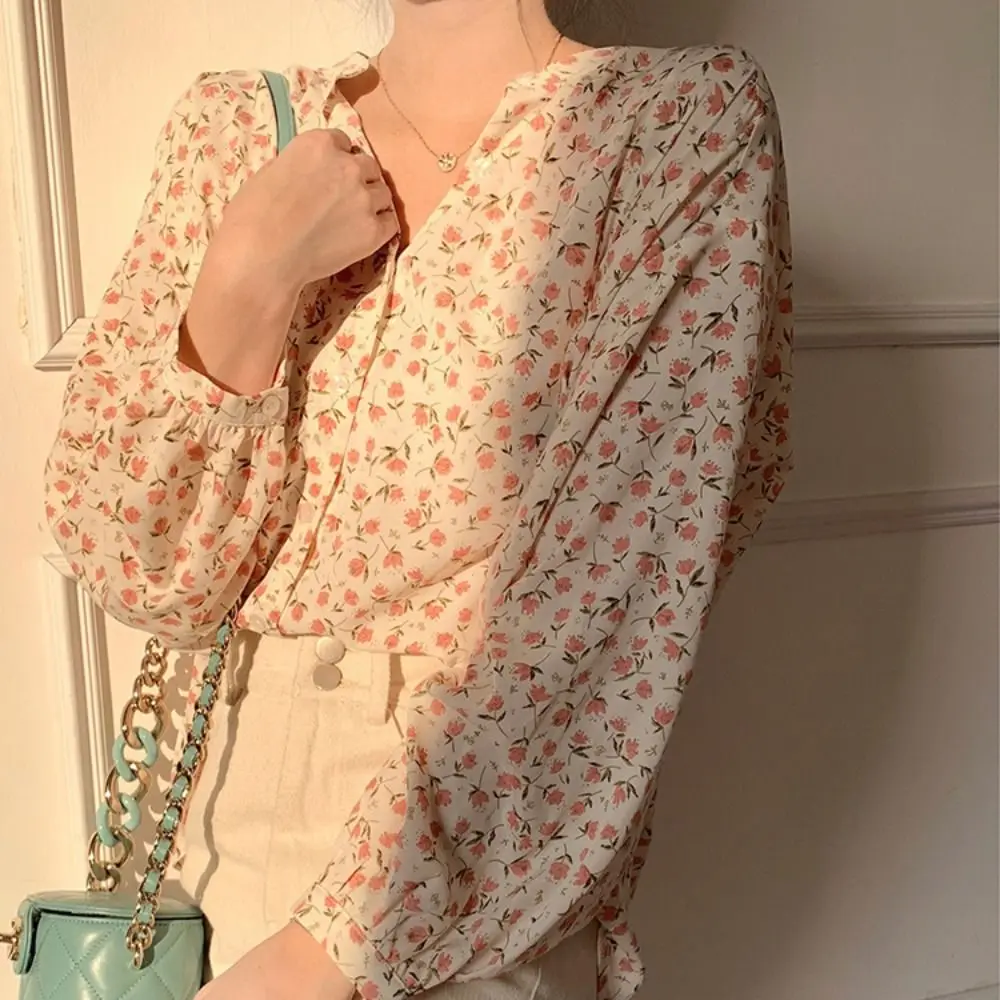 Vintage V-Hals Bloemen Chiffon Shirt Zonwering Lantaarn Mouw Bloemen Chiffon Blouses Bloemen Zoete Chiffon Lente Top Dame