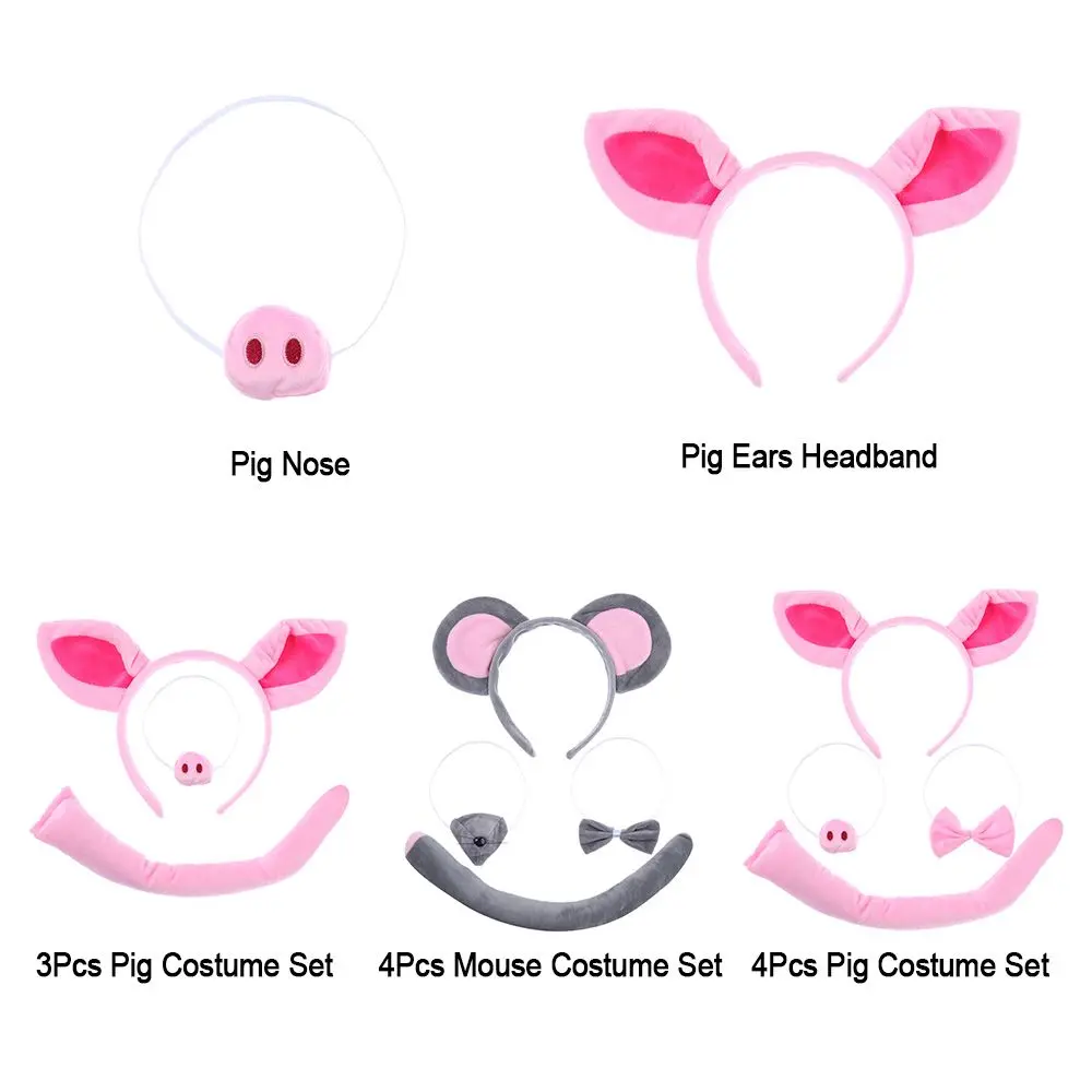 Funny Pig Ears Nose Tail Bow Tie Pink Pig Fancy Dress Costume Kit for Adults Kids Halloween Dress-up Play Costume Accessories