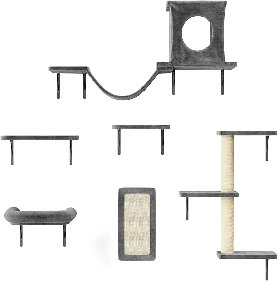 

NUNU LAB Cat Wall Shelves, 6 Pcs Luxury Wall-Mounted Climber Set, Indoor Furniture with 1 Condos House, 2 Cat Wall Shelv