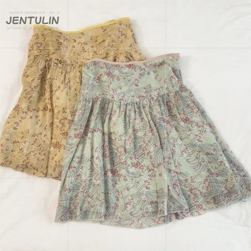 New Vintage Sweet Printed Forest Spring Summer Japanese High Waist Slimming A-line Short Skirt For Women Chiffon Floral Dresses