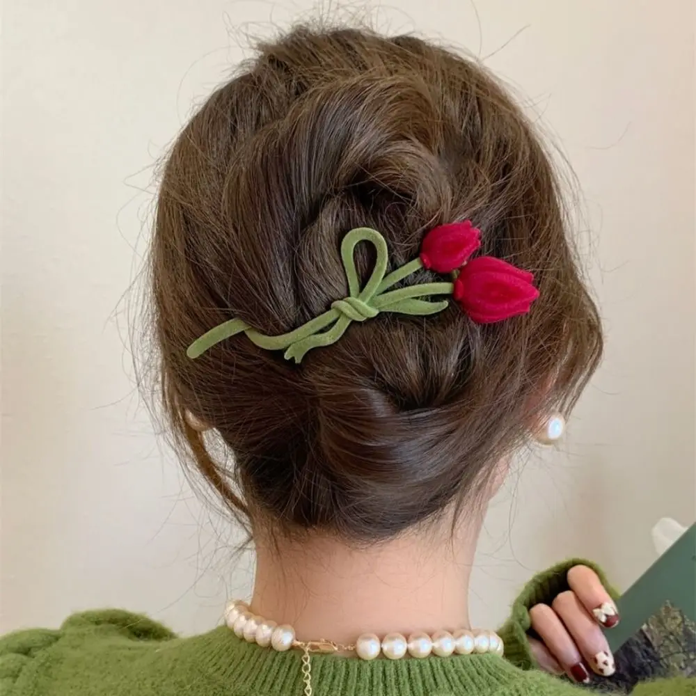 

Grab Clip Girls Hairpin Pearl Green Korean Style Headwear Female Hair Accessories Red Velvet Hair Claw Flocking Tulip Hair Clip