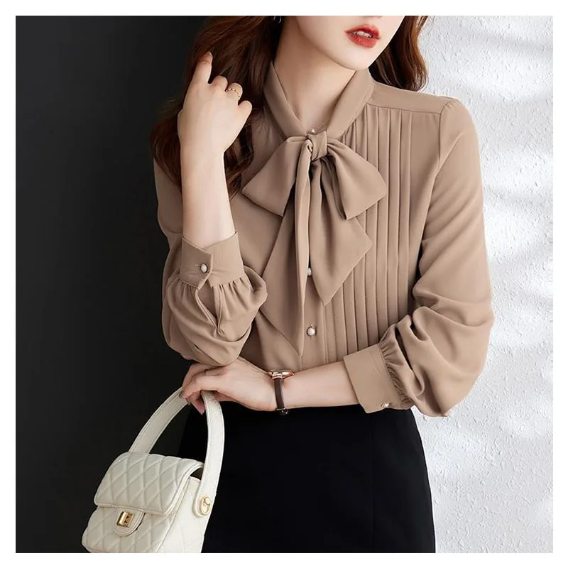 

Coffee Lace Up Chiffon Long Sleeved Shirt for Women Clothes Irregular Bow Collar Fashion Woman Blouses Ladies Casual White Shirt